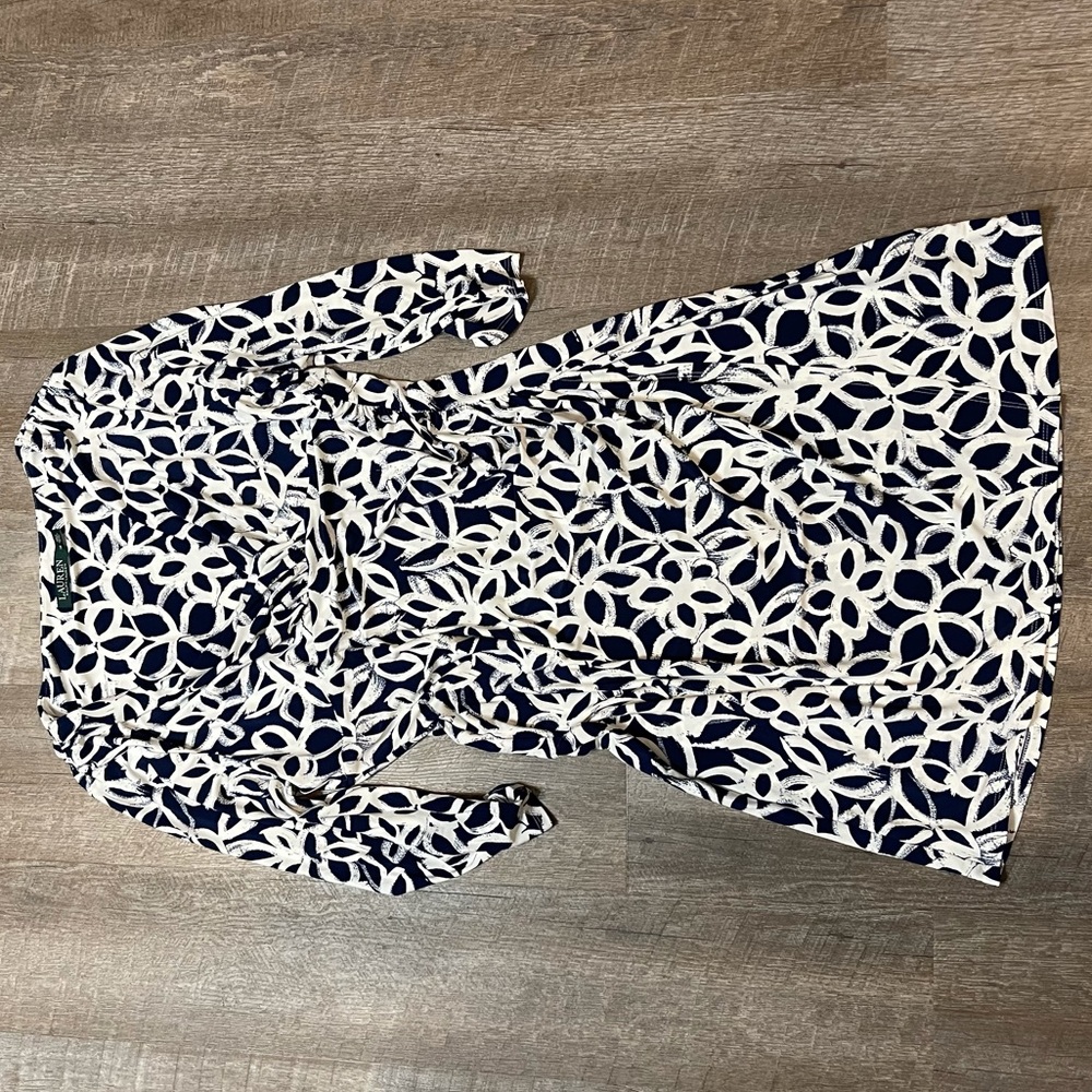 Lauren Ralph Faux- Wrap Lauren Dress - Size 16 Navy Blue White